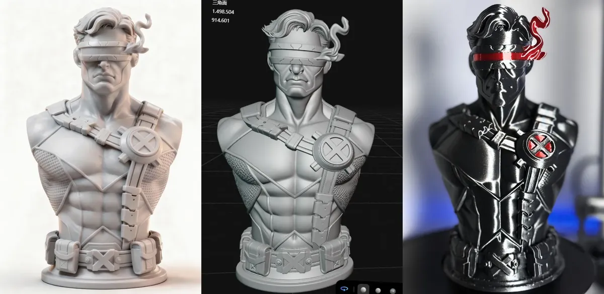 Evolução do busto do Ciclope: modelo de referência, malha 3D e peça final pintada